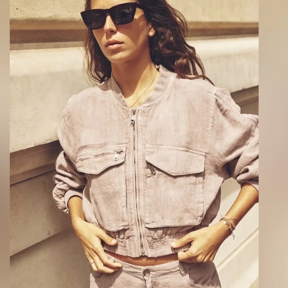 NWT Zara Greta Linen Bomber Jacket - size small - mauve/light pink - Picture 5 of 14